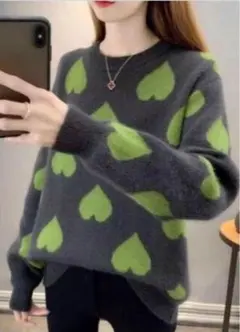 ニット フリーサイズ 長袖 ハート グレー グリーン カジュアル 韓国