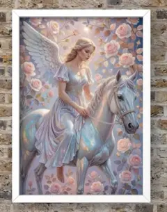 天使の微笑みと白馬の輝き　繁栄が舞い降りる　額縁付き　開運グラフィックアート