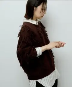 グリーンパークス 今季新作フリンジニットプルオーバーブラウン