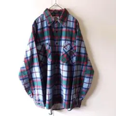 80s USA製 タータンチェック プリネルシャツ L 青緑赤 カルトップ