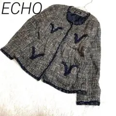 ECHO黒とグレーのツイードテーラードジャケット　全面ポケット4個　ボタン　冬