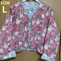 ブロックプリント⭐️インド産　花柄ピンク白ブルー　コットンジャケット　リバーシブル