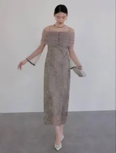 チュールオフショルダー花柄Iラインワンピースドレス結婚式二次会