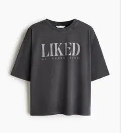 h&m プリントコットンTシャツ　XL ロゴプリント チャコールグレー