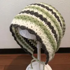 手編みのボンネット帽子　ニット帽　かぎ編み　森ガール　y2k ハンドメイド