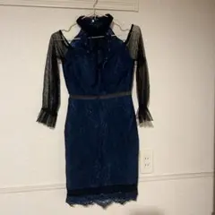 ネイビー レース ハイネックドレス