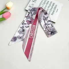 リボンスカーフ バッグ　スカーフ 英字　バタフライ　花　フラワー　ピンク