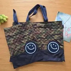ハンドメイド　レッスンバック　シューズケース　カモフラ　スマイル