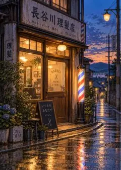 【イラスト】夕暮れの理髪店と石畳の道 アートポスター