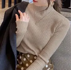 【新品】ハイネックニット ボトルネック リブニット トップス カーキ