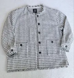 【美品】エルベンスドゥ ツイードノーカラージャケット フリンジ モノトーン