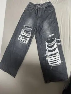 ダメージ加工 ダークグレー ワイドパンツ