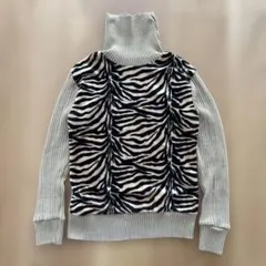 【モード】ゼブラ柄 タートルネック リブニット M ベージュ vintage