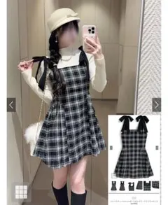 GRL ツイードチェックショルダーリボンプリーツミニワンピース　tu1892