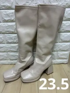 チャンキーヒール★スクエアトゥロングブーツ ベージュ 白 アイボリー 23.5