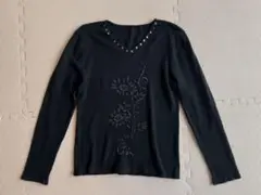 花柄刺繍ビーズ付き黒長袖ニット M