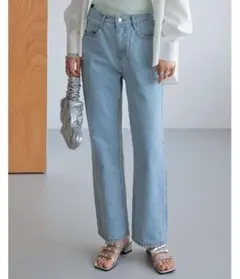 ワイドパンツ　ストレートドットデニムパンツ ドット柄 ライトブルーデニム