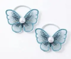 蝶モチーフ刺繍ヘアゴム 2個セット パール付き 透け感チュールヘアアクセサリー