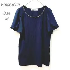 エムズエキサイト 半袖 トップス ネイビー M パール装飾 フリル袖 ニット