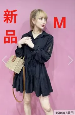 【新品タグ付き】レーススリーブシャツワンピース　ブラック　M