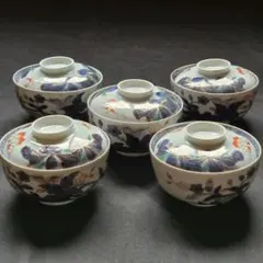 蔵出】古伊万里 染錦金彩 草花牡丹文 蓋付茶碗 5客セット 骨董