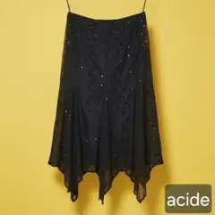 黒 スパンコール チュールスカート シアー アシンメトリー 36