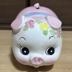 陶器製 貯金箱 ブタ 花柄 ピンク
