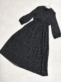 グローバルワーク ドットプリーツロングワンピース 黒