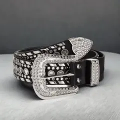 閃閃發亮的腰帶 黑 鉚釘 閃亮 西部風格腰帶 水鑽