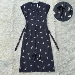 ✨美品✨ ピンクハウス ロングワンピース ネコ柄 リボンタイ ドット柄 ベルトのサムネイル