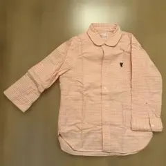 Coen オレンジ ギンガムチェック 七分袖シャツ M かわいい丸襟