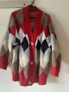 【レッド(赤)】ダイヤモンドパターンカーディガン Mサイズ
