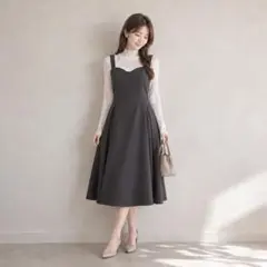 美品】フレイアイディー プリーツロングワンピース 0 黒 リネン混 