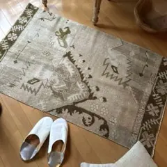 71×124ウール　ベージュ×ブラウン　パッチワーク　トルコヴィンテージラグ