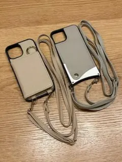 【2点セット】 iPhone15 ショルダーケース/ベージュ&グレー+フィルム付