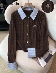 SHEIN シャツ襟付き ケーブルニットカーディガン 黒