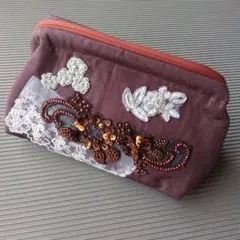 ビーズ刺繍ポーチ 紫色　大口