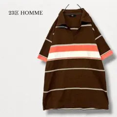 23区【L】マルチボーダー半袖ポロシャツ オープンカラー ブラウンのサムネイル