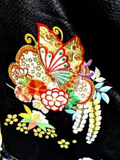 新品 未仕立てジュニア用 振袖 鹿の子総絞り 鹿の子総絞り黒地 蝶と花 