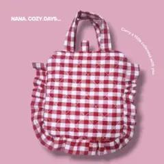 ギンガムチェックレッド赤 ミニミニフリルトートバッグポーチ ハンドメイド