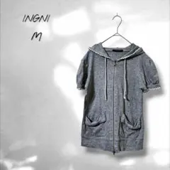 【イング】ジップアップパーカー 半袖 シンプル ガーリー コットン グレー M