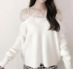 花柄レースオフショルダーニットトップス