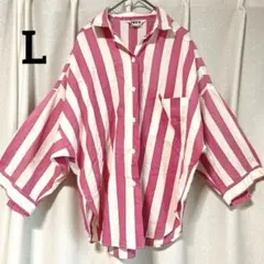 USA品✨トライワン 【L】ストライプ 七分袖 シャツ 襟付き ピンク