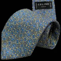 CELINE セリーヌ ネクタイ トリオンフ 総柄 ブルー シルク イタリア製