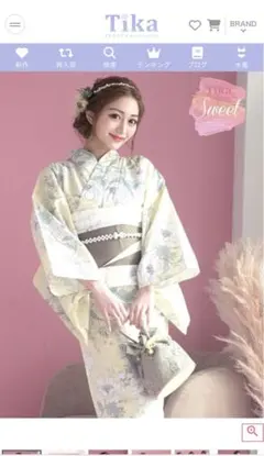 Tika 浴衣・帯セット 淡い黄色 花柄