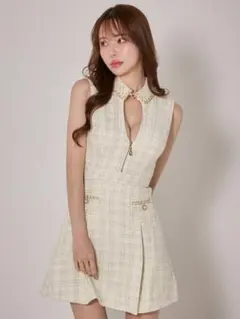 大人気✨JEWELS キャバドレス 襟付きチェックツイードノースリーブドレス M