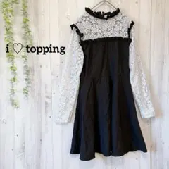 【i ♡topping】レース切替フリルワンピース 黒白 長袖 ミニ丈 地雷系