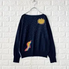 ツモリチサト【2】紺×青 マルチカラー ボートネック デザインニット カシミヤ混のサムネイル
