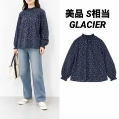 【美品】GLACIER 花柄ブラウス ネイビー ハイネック シャーリング 長袖のサムネイル