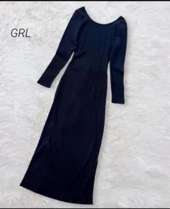 GRL バックオープンリボンテレコワンピース S ブラック リブニット ロング丈